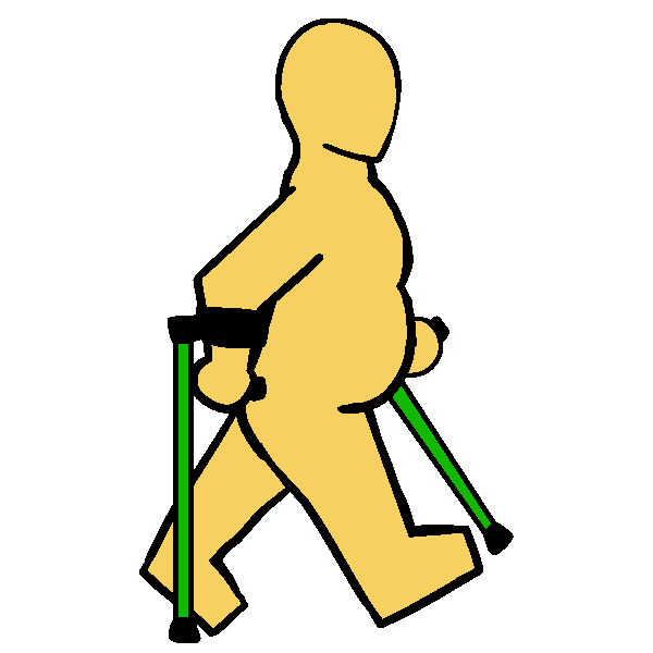  A yellow fat person walking with green forearm crutches.